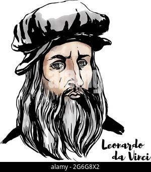 Portrait vectoriel aquarelle Leonardo da Vinci avec contours d'encre. Illustration de Vecteur