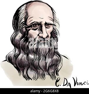 Portrait aquarelle vectorisé à la main avec le célèbre artiste Léonard de Vinci et sa signature. Illustration de Vecteur