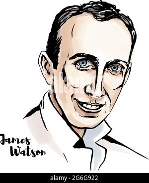 Portrait vectoriel aquarelle James Watson avec contours encreurs. Biologiste moléculaire américain, généticien et zoologiste. Illustration de Vecteur