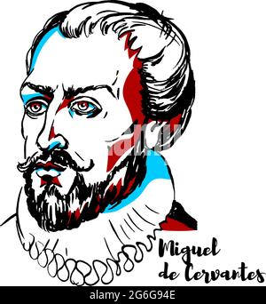 Miguel de Cervantes Portrait vectoriel gravé avec contours encreurs. Écrivain espagnol qui est largement considéré comme le plus grand écrivain dans la langue espagnole a Illustration de Vecteur