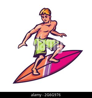 Surfeur debout sur planche de surf. Homme de style dessin animé. Illustration de Vecteur