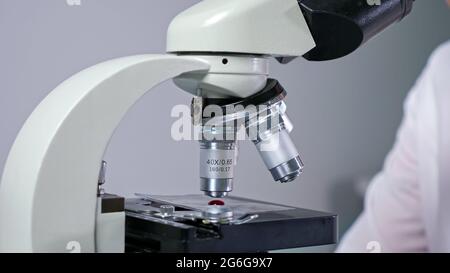 Une employée concentrée avec des verres prend la goutte de sang du tube à essai avec une longue pipette près du microscope travaillant dans l'hôpital vue de près Banque D'Images