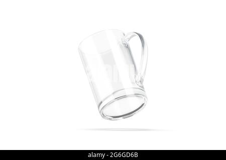 Tasse étroite en verre vierge de 11 oz avec maquette de poignée, sans gravité, rendu 3d. Vide glassful fond de tankard maquette, isolé. Cafetière transparente Banque D'Images