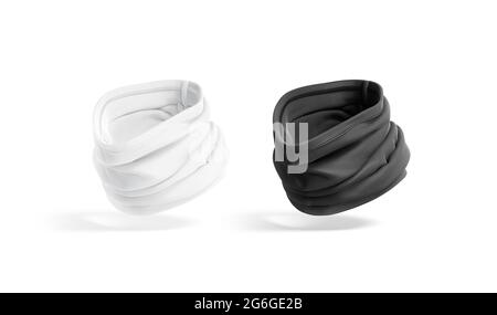 maquette de soufflet noir et blanc à col replié, sans gravité, rendu 3d. Maquette de bandana à vent vide, vue isolée, demi-tournée. Effacer le fut Banque D'Images