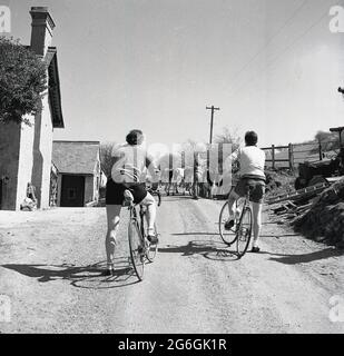 1960s, historique, deux cyclistes en tournée attendant derrière quelques bovins sur une piste de ferme rurale, Angleterre, Royaume-Uni. Banque D'Images