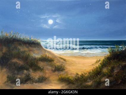 Peinture à l'huile originale des dunes de plage de l'océan dans la nuit.Lune et étoiles sur toile.Impressionnisme moderne, modernisme, marinisme Banque D'Images