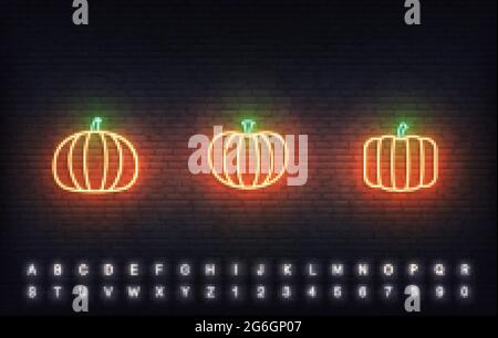 Icônes vectorielles au néon citrouille. Ensemble de panneaux de citrouille orange traditionnels de Thanksgiving Illustration de Vecteur