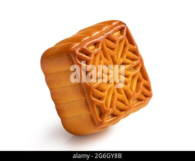 Délicieuse pâtisserie au gâteau de lune pour la cuisine du festival de la mi-automne isolée sur fond de table blanche. Banque D'Images