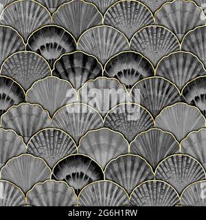 Aquarelle coquillage vagues japonaises motif sans couture. Coquillages dessinés à la main texture fond d'océan vintage. Illustration marine aquarelle. Imprimer pour Banque D'Images