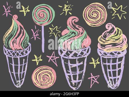 Joli dessin enfant avec craie colorée sur fond gris. Craie pastel ou crayon drôle de style Doodle vecteur. Ensemble de bonbons froids d'été. Crèmes glacées, Illustration de Vecteur