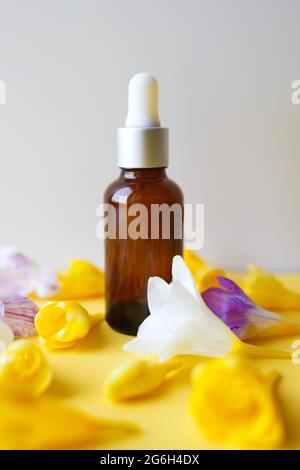 sérum naturel parmi les fleurs de freesia sur fond gris. Banque D'Images