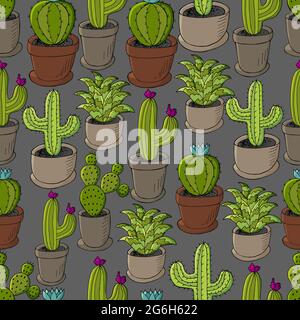 Motif sans couture de différents cactus. Joli fond vectoriel de pots de fleurs. Papier peint tropical en vert. L'illustration botanique tendance est idéale Illustration de Vecteur