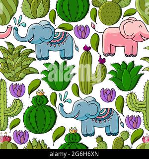 Illustration botanique sans couture. Motif tropical de différents cactus, aloès, animaux exotiques. Éléphants, fleurs colorées Illustration de Vecteur