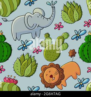 Illustration botanique sans couture. Motif tropical de différents cactus, animaux exotiques. Lion, éléphant, fleurs Illustration de Vecteur