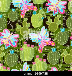 Illustration botanique sans couture. Motif tropical de divers cactus, aloès. Papillon, plantes exotiques Illustration de Vecteur