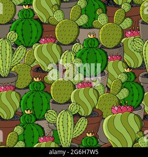 Motif vectoriel sans couture de différents cactus. Arrière-plan mignon de plantes tropicales. Papier peint exotique dans les couleurs vertes. L'image tendance est idéale pour fabr Illustration de Vecteur