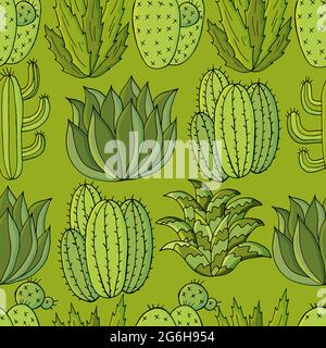 Motif vectoriel sans couture de différents cactus. Arrière-plan mignon de plantes tropicales. Papier peint exotique dans les couleurs vertes. Image de tendance Illustration de Vecteur