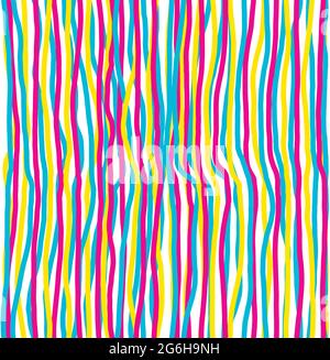 Conception abstraite de lignes verticales semblables à des banderoles en rouge, jaune et bleu formant un motif sans couture répétable Banque D'Images