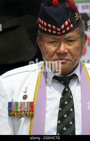 Londres, Royaume-Uni. Soldat Gurkha vétéran lors d'une manifestation sur la place du Parlement demandant la reconnaissance des Gurkhas qui ont servi dans l'armée britannique. 1er juillet 2 Banque D'Images