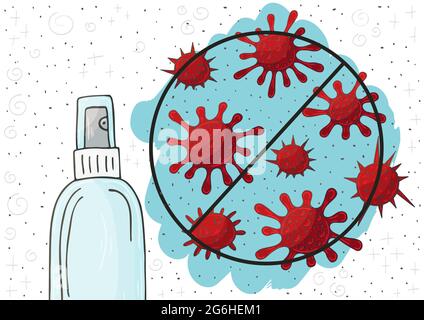 Lutte contre le fond du vecteur du coronavirus. Flacon de désinfectant pour les mains. La fiole antibactérienne tue les bactéries Illustration de Vecteur