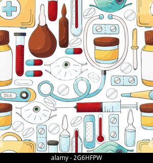 Motif sans couture sur fond blanc. Dessins animés d'instruments médicaux dans le style de dessin à la main. Masques, médicaments, cas médical Illustration de Vecteur