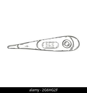 Icône Contour Medical. Illustration vectorielle en mode dessin à la main. L'image est isolée sur un fond blanc. Outils médicaux. Thermomètre pour enfants Illustration de Vecteur