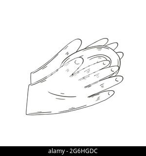 Icône de vecteur de contour en mode de dessin manuel. Image isolée sur fond blanc. Salle de bains. Produits d'hygiène. Savon dans les paumes Illustration de Vecteur