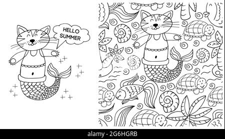 Ensemble d'éléments à contour et motif sans couture. Idéal pour les vêtements pour enfants. Mermaid chat et fond avec coquillages et éléments marins. Bonjour summe Illustration de Vecteur