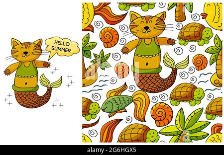 Ensemble d'éléments et de motifs sans coutures. Idéal pour les vêtements pour enfants. Mermaid chat et fond avec coquillages et éléments marins. Bonjour Illustration de Vecteur