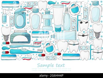 Prospectus rectangulaire, bannière. Ensemble d'éléments pour le soin de la cavité buccale en dessinent à la main. Nettoyage des dents, santé dentaire. Dents, fil dentaire, brosse, pas Illustration de Vecteur