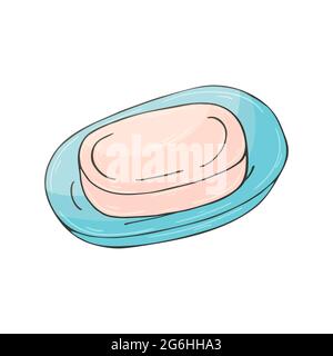 Icône de vecteur de contour en mode de dessin à la main. Isolé sur fond blanc. Salle de bains et ses composants. Produits d'hygiène. Savon dans un porte-savon Illustration de Vecteur