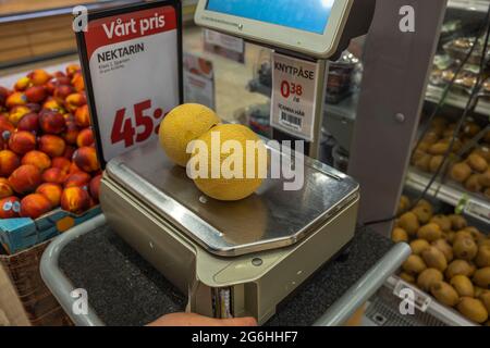 Vue rapprochée du melon jaune sur les balances du supermarché. Banque D'Images