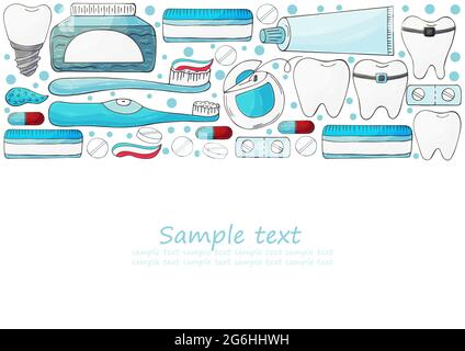 Prospectus rectangulaire, bannière. Ensemble d'éléments pour le soin de la cavité buccale en dessinent à la main. Nettoyage des dents, santé dentaire. Dents, fil dentaire, brosse, pas Illustration de Vecteur