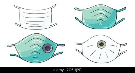 Ensemble d'illustrations vectorielles. Ensemble de masques en forme de dessin à la main. Collection de masques médicaux, respirateurs, protection contre les virus Illustration de Vecteur