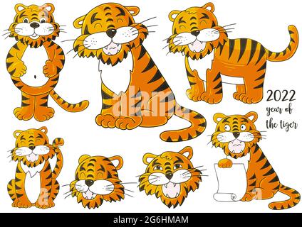 Symbole de 2022. Faces de tigres. Jeu de tigres en forme de dessin à la main. Nouvelle année 2022. Collection d'illustrations vectorielles mignonnes Illustration de Vecteur