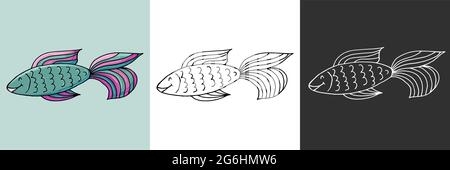 Jeu d'icônes. Poisson mignon. Icône de thème marin en forme de dessin à la main. Jolie illustration puérile de la vie marine. Icône, badge, autocollant, imprimé pour les vêtements Illustration de Vecteur