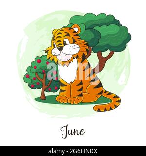 Symbole année 2022 pour la décoration du calendrier. Juin 2022. Nouvelle année du tigre selon le calendrier chinois ou oriental. Illustration vectorielle mignonne en h Illustration de Vecteur