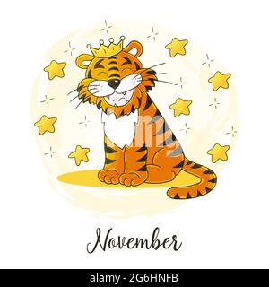 Symbole année 2022 pour la décoration du calendrier. Novembre 2022. Nouvelle année du tigre selon le calendrier chinois ou oriental. Illustration vectorielle mignonne Illustration de Vecteur
