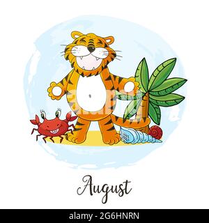 Symbole année 2022 pour la décoration du calendrier. Août 2022. Nouvelle année du tigre selon le calendrier chinois ou oriental. Illustration vectorielle mignonne dans Illustration de Vecteur