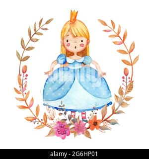 Illustration aquarelle d'une jolie petite princesse dans une robe bleue. Petite fille entourée d'une couronne fleurie aquarelle. Isolé Banque D'Images