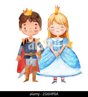 Illustration aquarelle d'un joli petit prince et d'une princesse dans une robe bleue. Petite fille et petit garçon entourés d'une couronne florale aquarelle. Isolé Banque D'Images