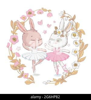 Deux adorables lapins de ballerine sont illustrés par une couronne fleurie. Illustration de lapins dansants blancs. Peut être utilisé pour l'impression de t-shirts et les vêtements pour enfants Banque D'Images