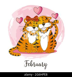 Symbole année 2022 pour la décoration du calendrier. Février 2022. Nouvelle année du tigre selon le calendrier chinois ou oriental. Illustration vectorielle mignonne Illustration de Vecteur