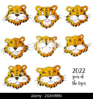 Faces de tigres. Symbole de 2022. Jeu de tigres en forme de dessin à la main. Nouvelle année 2022. Collection d'illustrations vectorielles Illustration de Vecteur