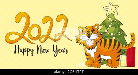 Symbole de 2022. Carte de vœux jaune à motif vectoriel avec un tigre à la main. Nouvelle année. Lettrage 2022. Illustration de dessin animé pour cartes, calendriers Illustration de Vecteur