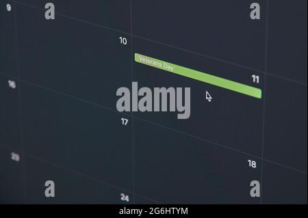 Fête des anciens combattants sur la page numérique du calendrier vue rapprochée Banque D'Images