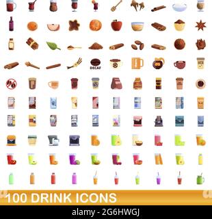 100 icônes de boissons définies. Illustration de dessin animé de 100 icônes de boisson vecteur isolé sur fond blanc Illustration de Vecteur