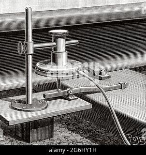 Mouvement de vibration des rails. Dispositif de mesure du déplacement vertical de la traverse du rail. Ancienne illustration gravée du XIXe siècle de la nature 1888 Banque D'Images