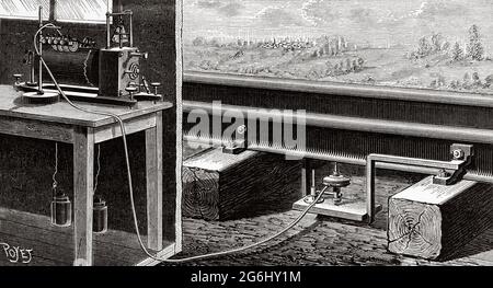 Mouvement de vibration des rails. Dispositif permettant de mesurer la courbure verticale du rail. Ancienne illustration gravée du XIXe siècle de la nature 1888 Banque D'Images