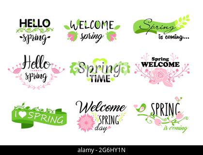 Jeu d'illustrations vectorielles de typographie de lettrage Hello Spring. Cartes postales calligraphiques éléments, fleurs, feuilles, concepts de printemps. Illustration de Vecteur